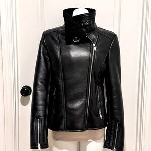 NWOT French Connection Vegan Leather Shearling Moto Jacket, Black, M